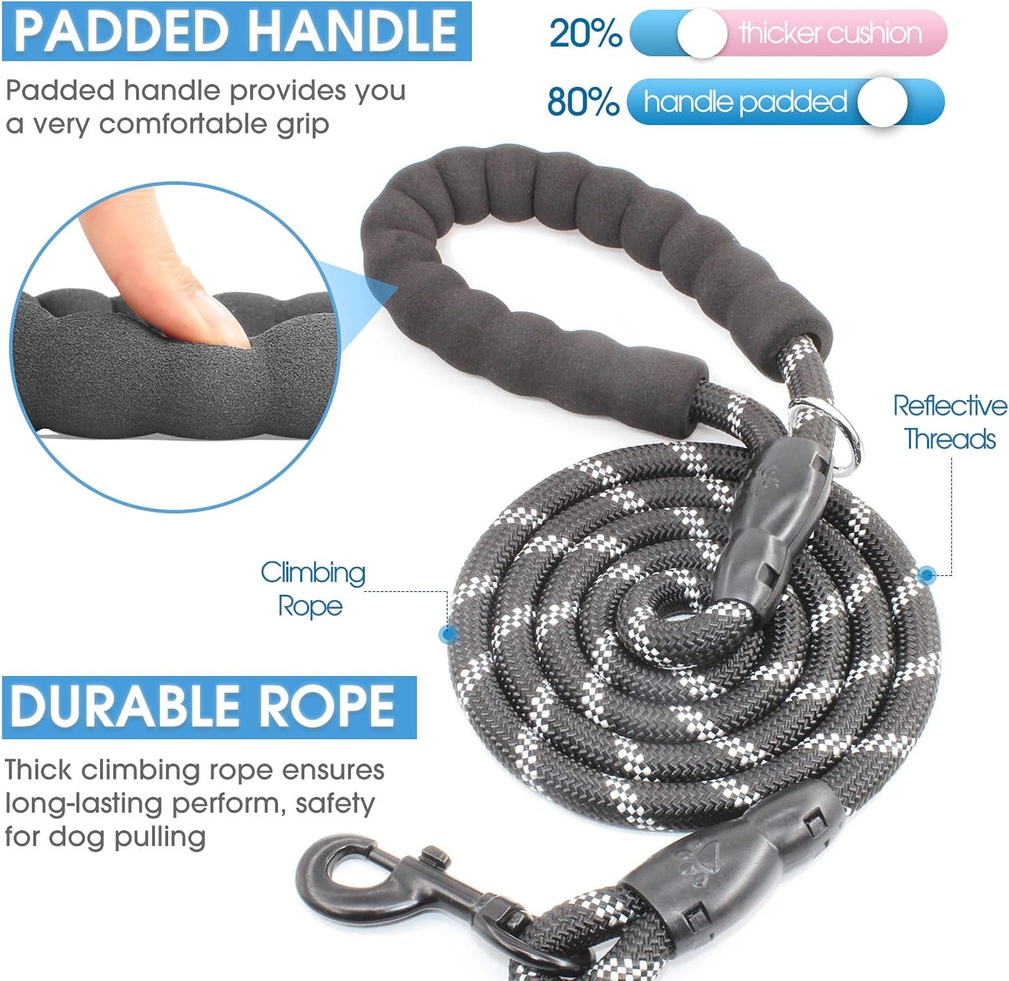 2 Packs 5/6 FT Dog Leash with Comfortable Padded Handle and Highly Reflective Threads Dog Leashes for Small Medium and Large Dogs (5FT-1/2'', Black+Black)